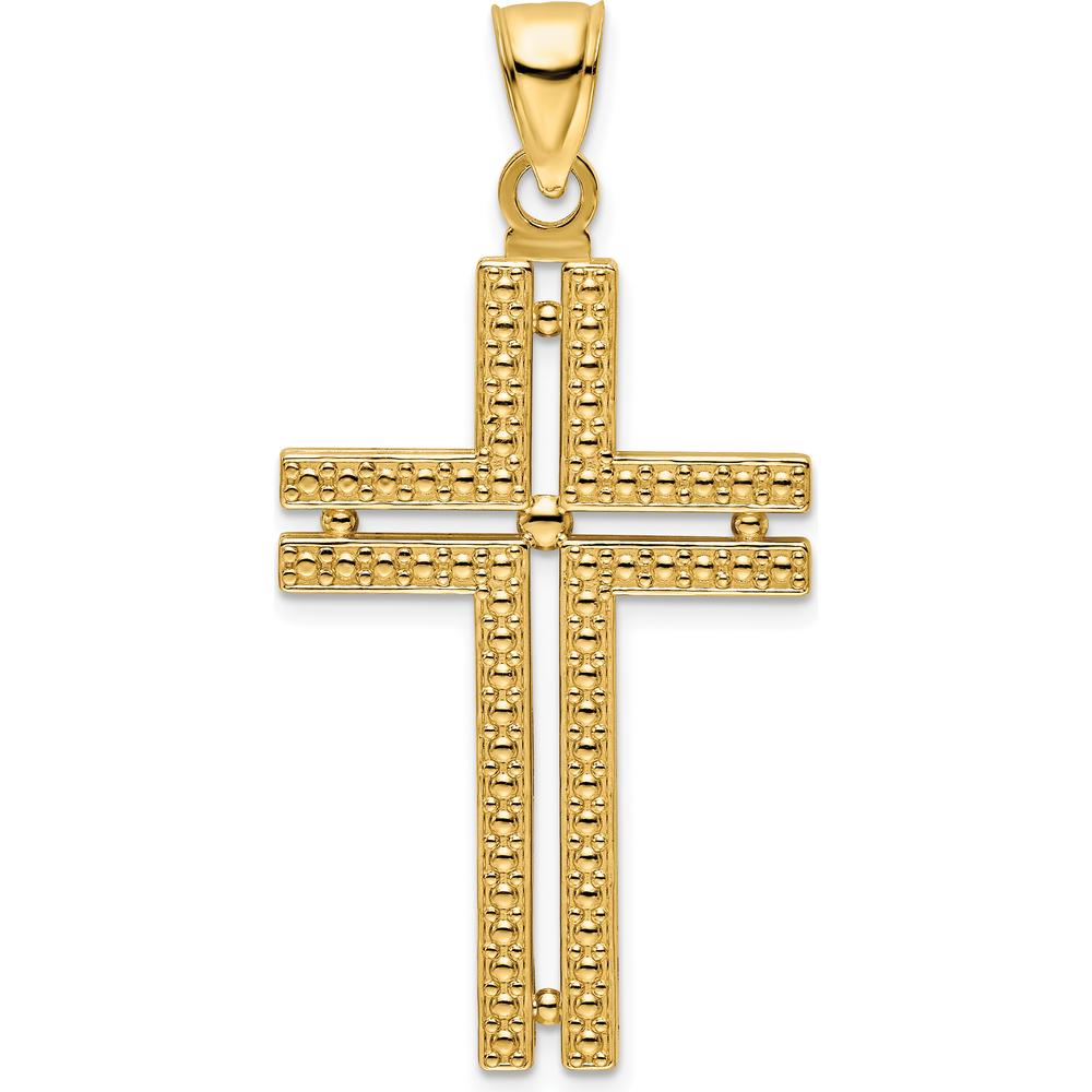 14K Yellow Gold Polished Beaded Cross Pendant - 48mm Length by Oro Pregiato