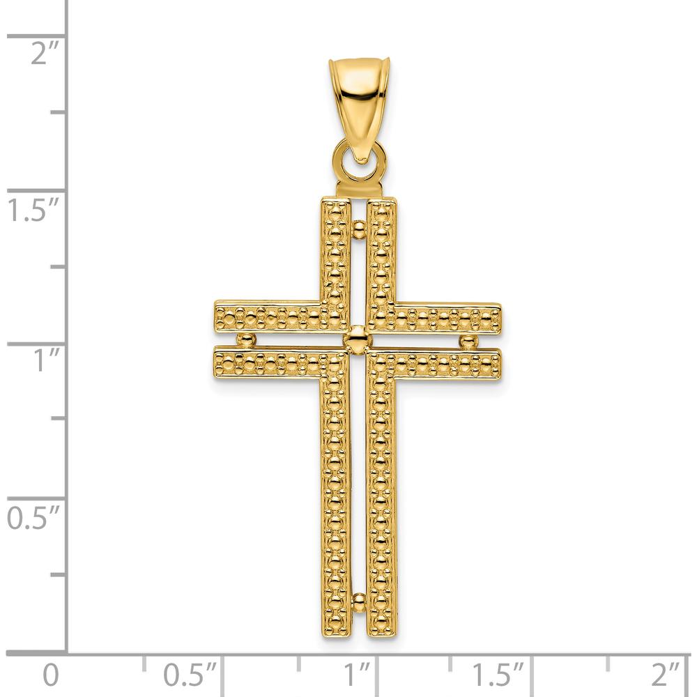 14K Yellow Gold Polished Beaded Cross Pendant - 48mm Length by Oro Pregiato