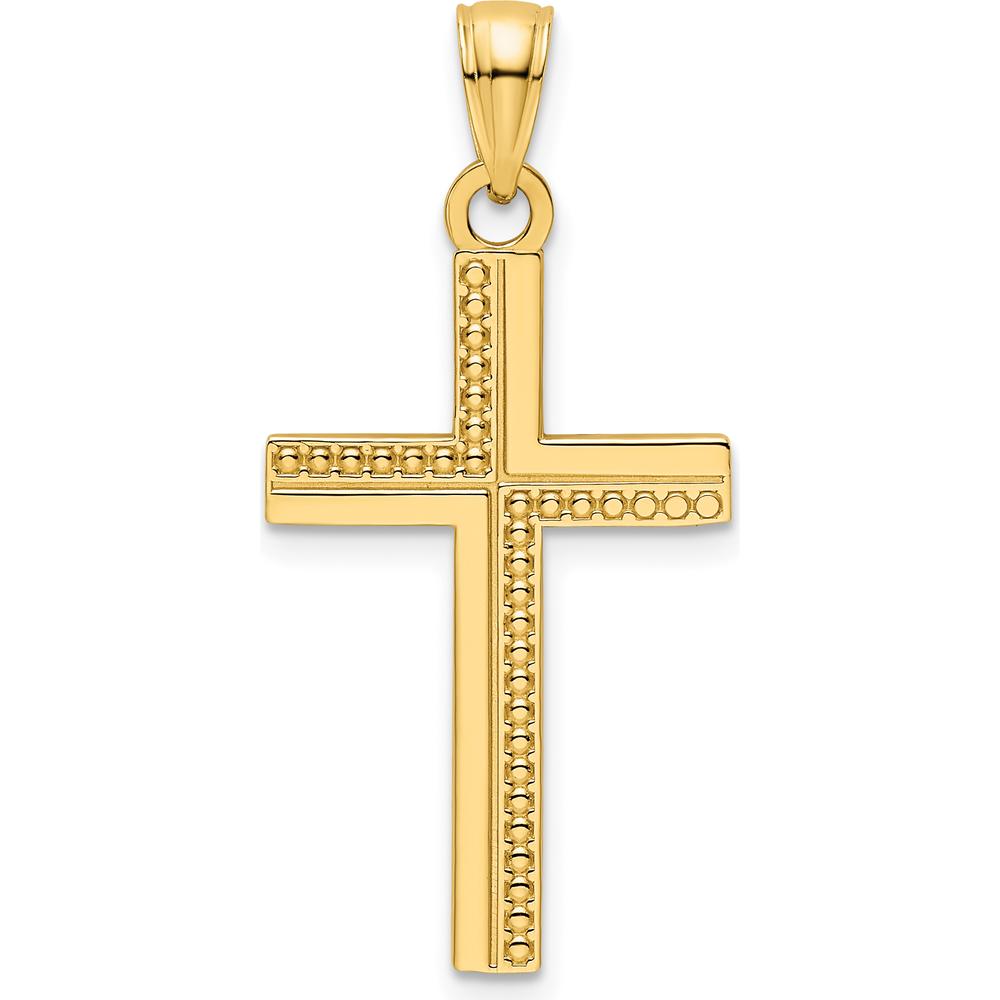 14K Yellow Gold Polished Beaded Cross Pendant with Textured Back - 34.65mm Length by Oro Pregiato