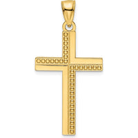 14K Yellow Gold Polished Beaded Cross Pendant with Textured Back - 39.8mm Length by Oro Pregiato