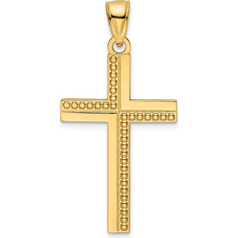 14K Yellow Gold Polished Beaded Cross Pendant with Textured Back - 39.8mm Length by Oro Pregiato