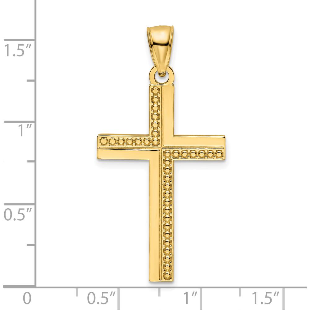 14K Yellow Gold Polished Beaded Cross Pendant with Textured Back - 39.8mm Length by Oro Pregiato