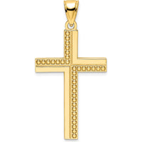 14K Yellow Gold Polished Beaded Cross Pendant with Textured Back - 46mm Length by Oro Pregiato