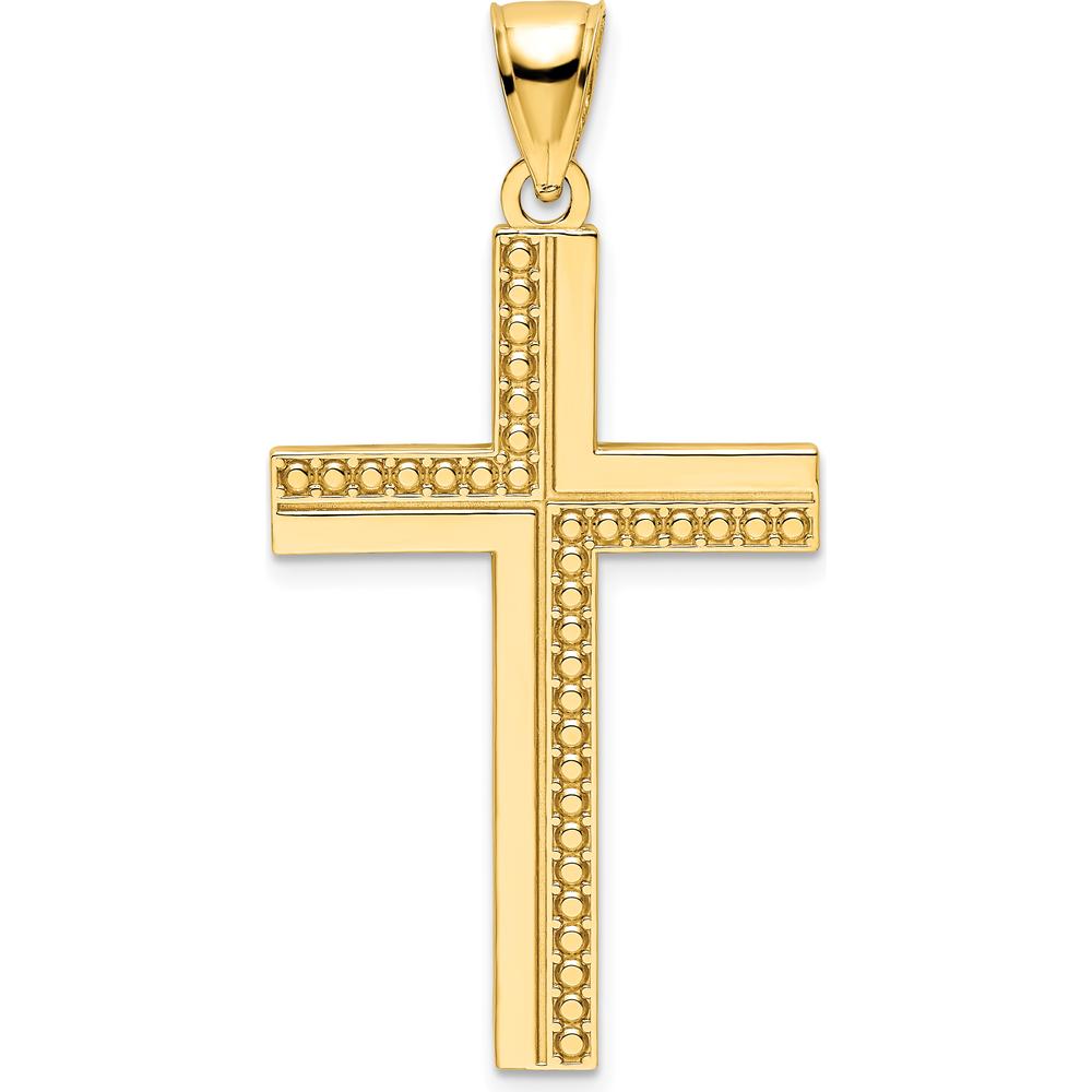 14K Yellow Gold Polished Beaded Cross Pendant with Textured Back - 46mm Length by Oro Pregiato