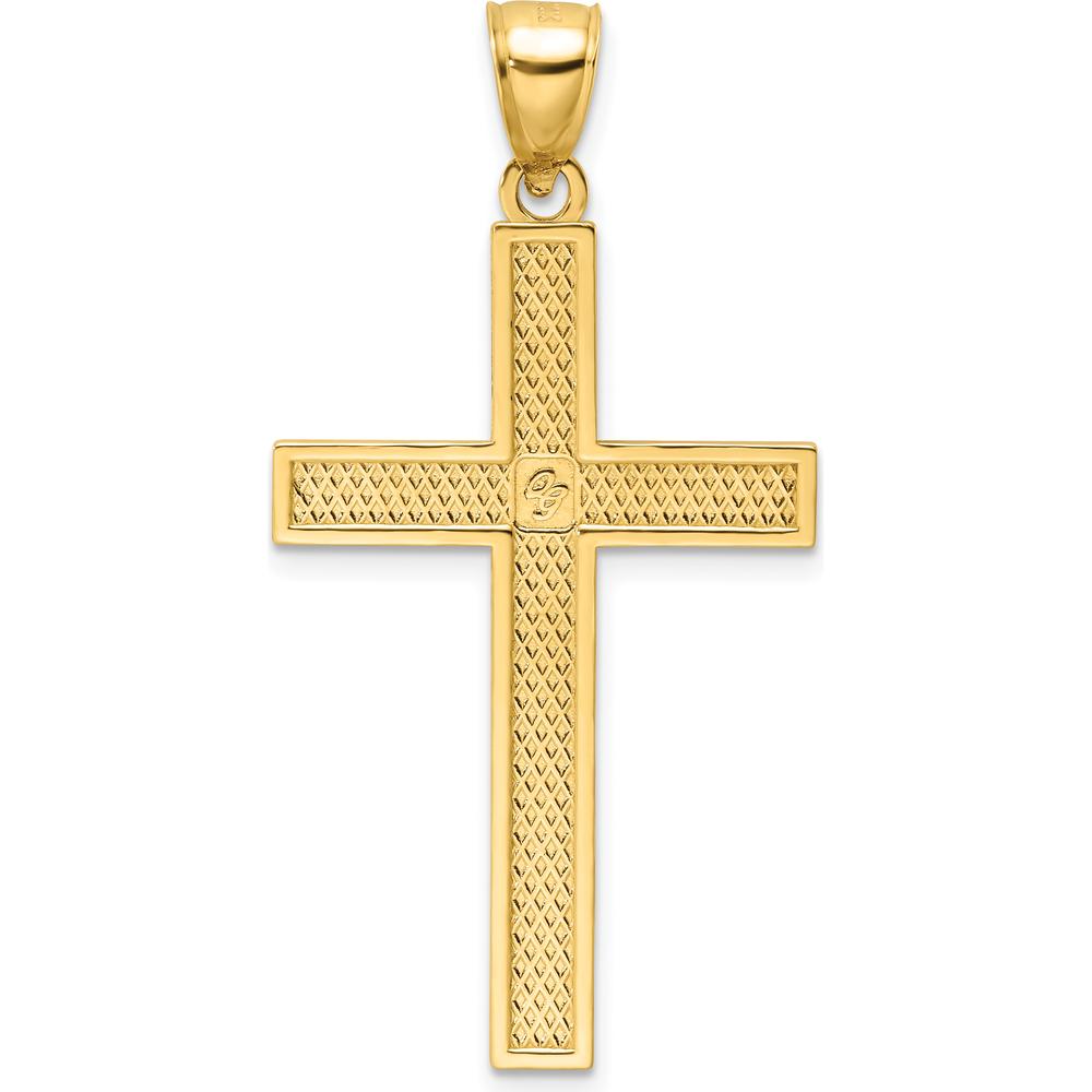 14K Yellow Gold Polished Beaded Cross Pendant with Textured Back - 46mm Length by Oro Pregiato