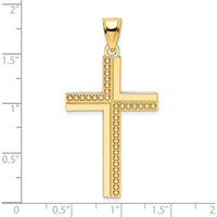 14K Yellow Gold Polished Beaded Cross Pendant with Textured Back - 46mm Length by Oro Pregiato