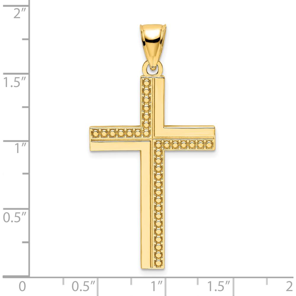 14K Yellow Gold Polished Beaded Cross Pendant with Textured Back - 46mm Length by Oro Pregiato