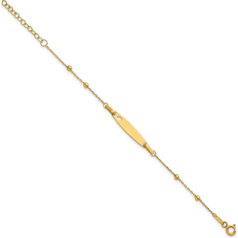 14K Yellow Gold Polished Beaded Cut-out Heart Baby/Child ID Bracelet with 1" Extender by Oro Pregiato