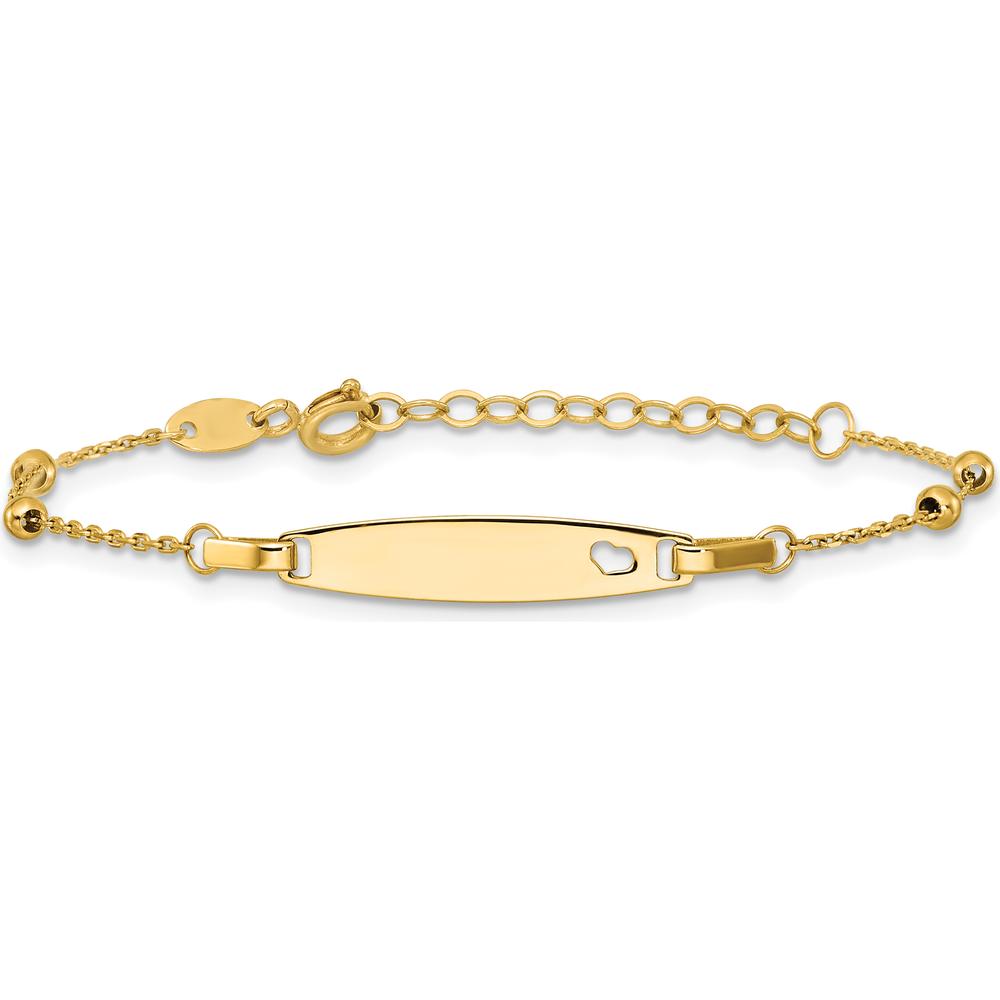 14K Yellow Gold Polished Beaded Cut-out Heart Baby/Child ID Bracelet with 1" Extender by Oro Pregiato
