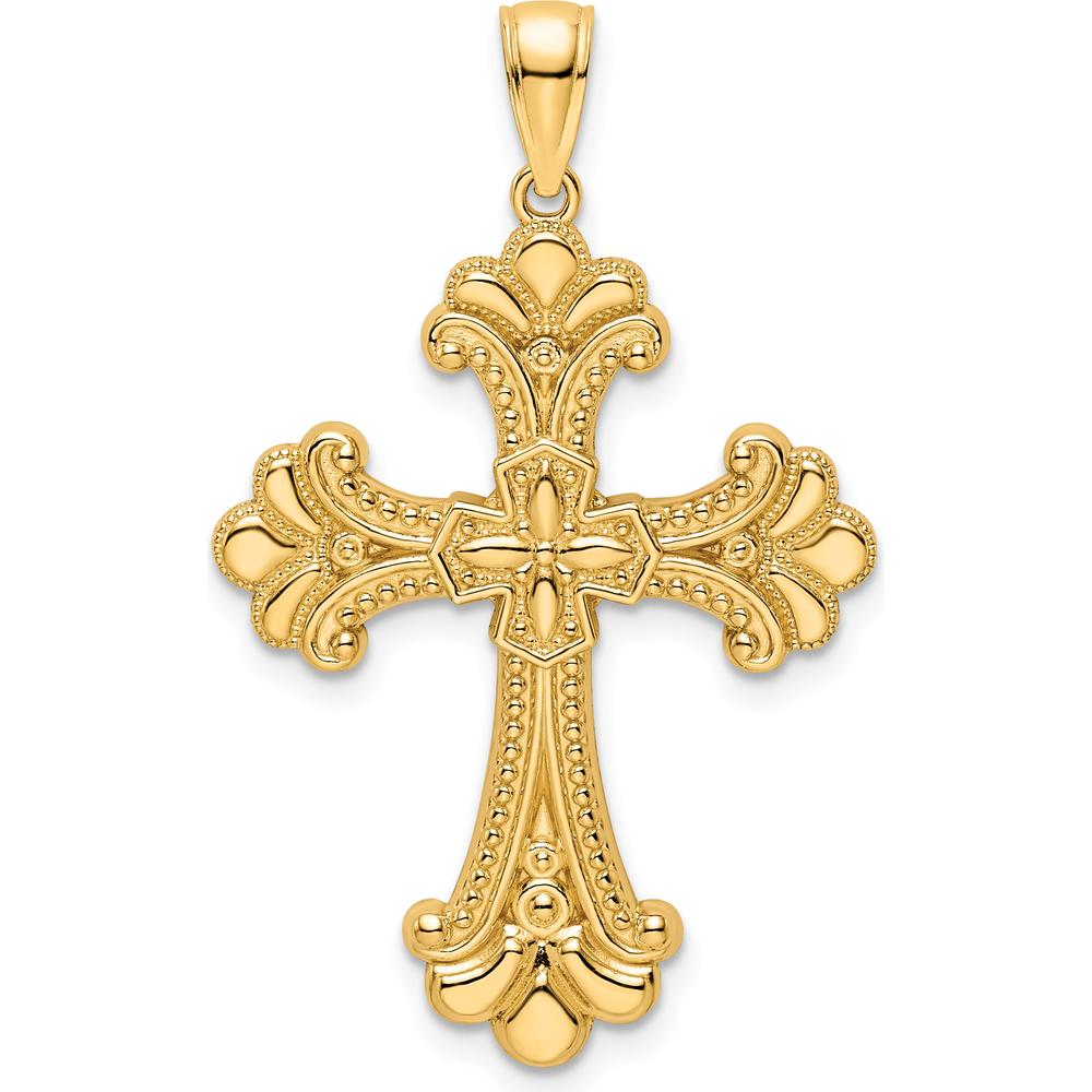 14K Yellow Gold Polished Beaded Fancy Cross Pendant - 38.4mm Length by Oro Pregiato