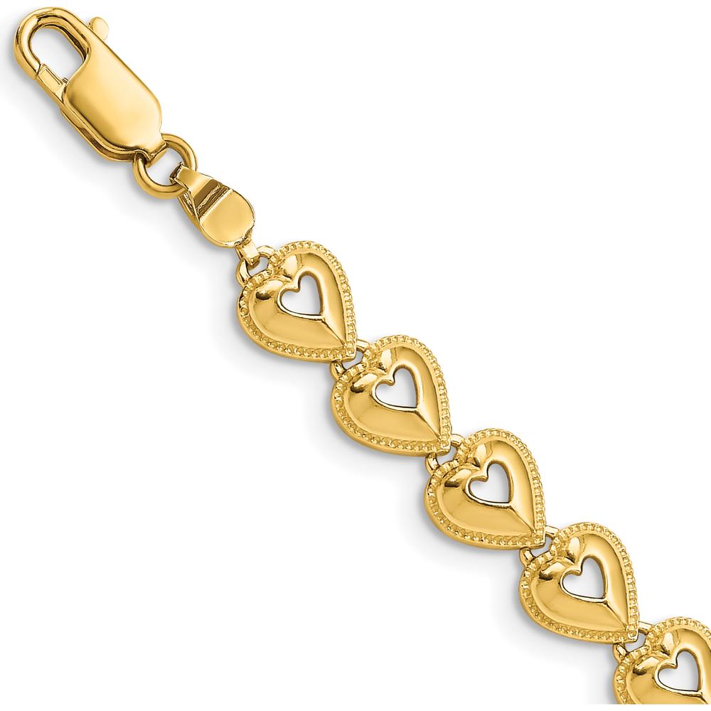 14K Yellow Gold Polished Beaded Heart Link Bracelet - 7" Length by Oro Pregiato