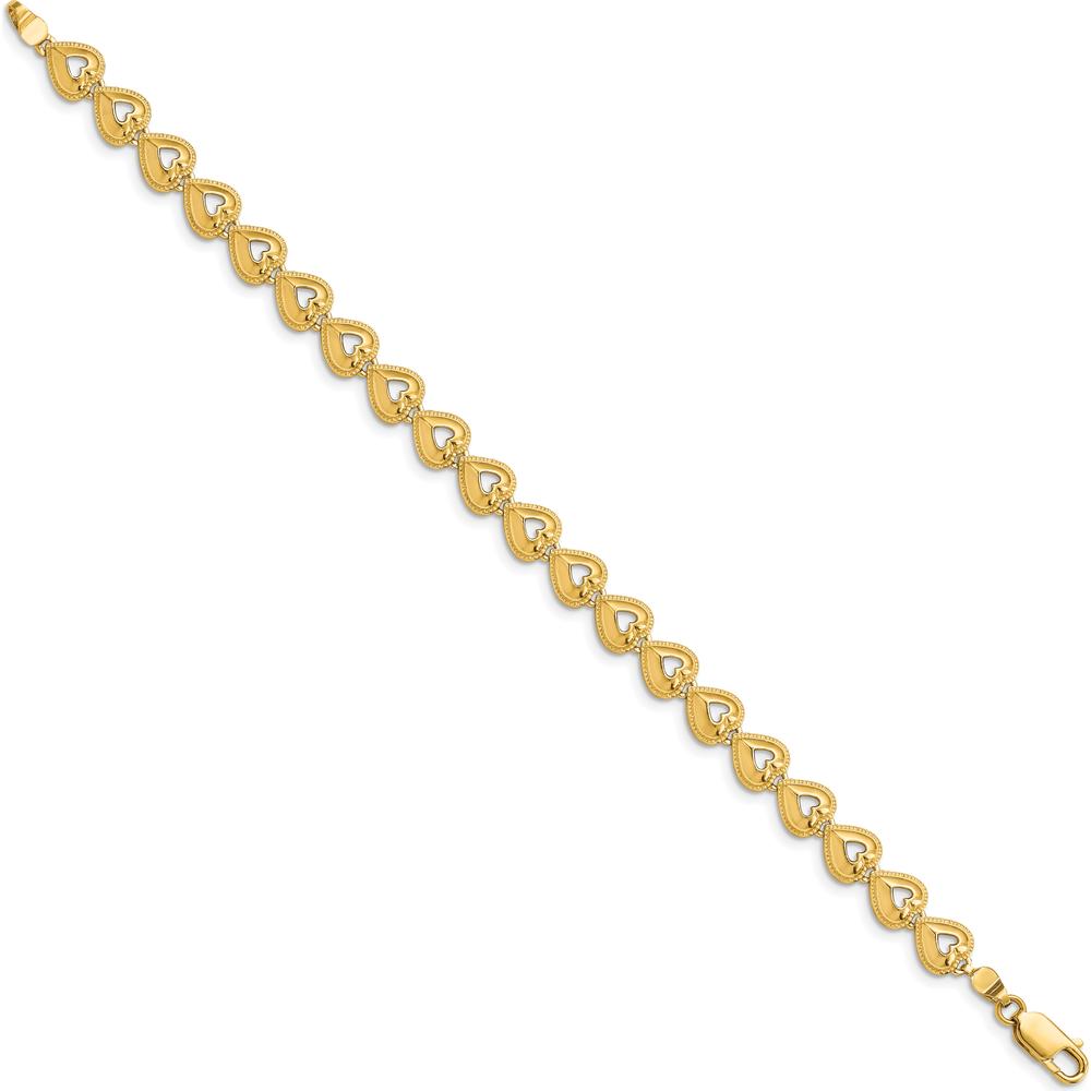 14K Yellow Gold Polished Beaded Heart Link Bracelet - 7" Length by Oro Pregiato