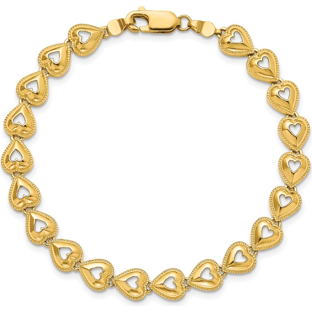 14K Yellow Gold Polished Beaded Heart Link Bracelet - 7" Length by Oro Pregiato