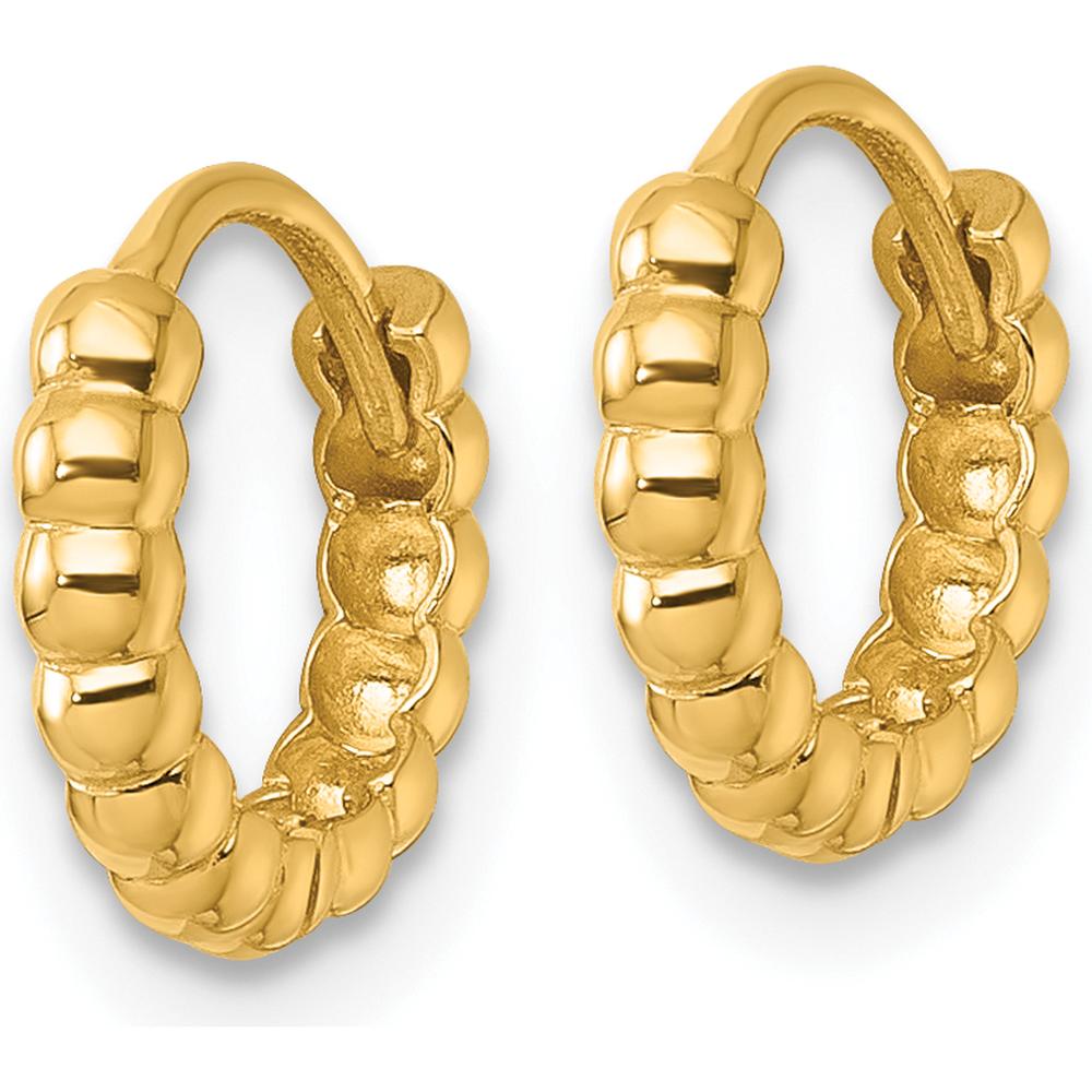 14K Yellow Gold Polished Beaded Hinged Hoop Earrings - 11mm Length by 0