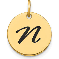 14K Yellow Gold Polished Black Enamel Letter N Initial Disk Charm - Elegant Personalized Pendant by Oro Pregiato