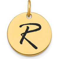 14K Yellow Gold Polished Black Enamel Letter R Initial Disk Charm by Oro Pregiato