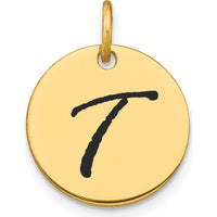 14K Yellow Gold Polished Black Enamel Letter T Initial Disk Charm by Oro Pregiato