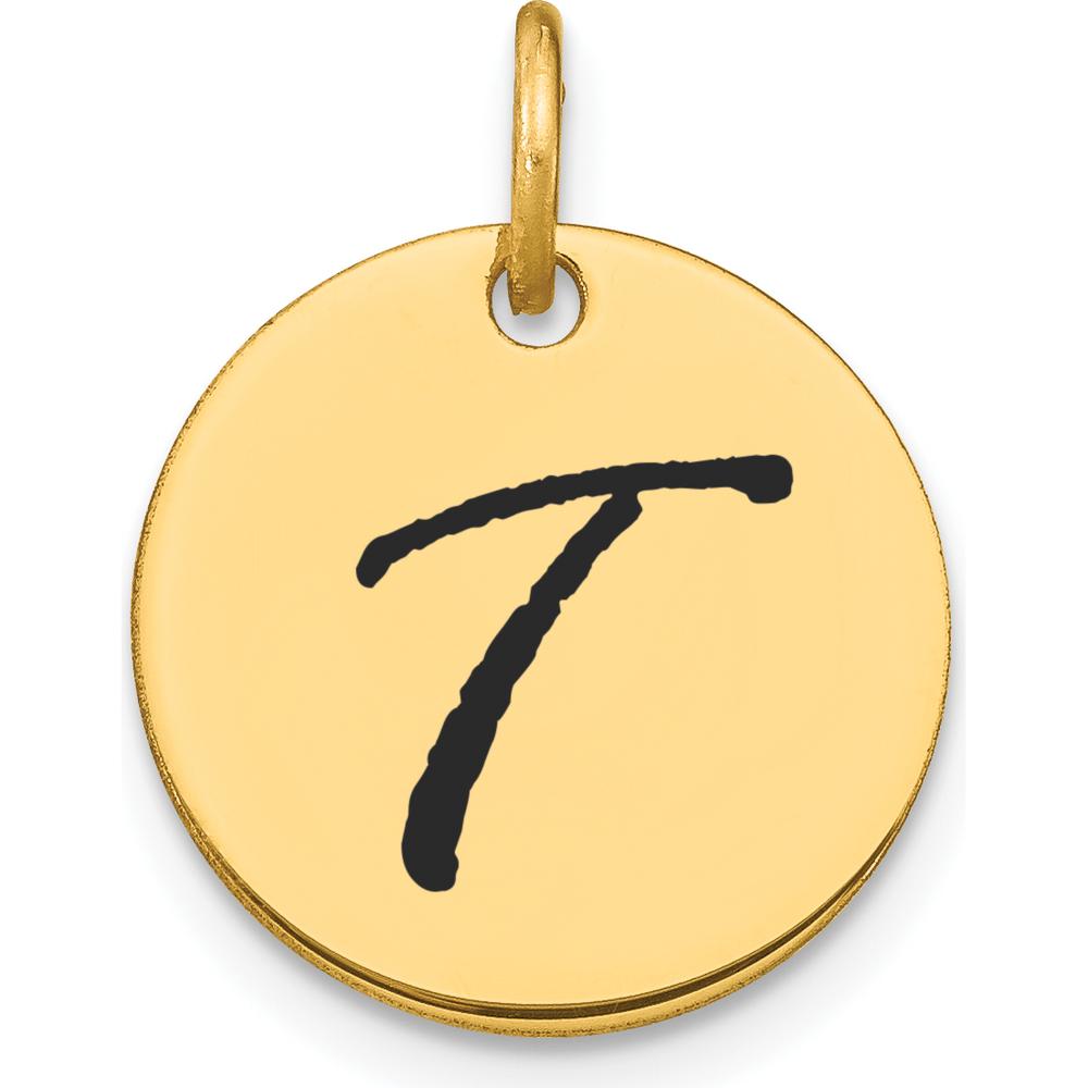 14K Yellow Gold Polished Black Enamel Letter T Initial Disk Charm by Oro Pregiato