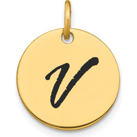 14K Yellow Gold Polished Black Enamel Letter V Initial Disk Charm by Oro Pregiato