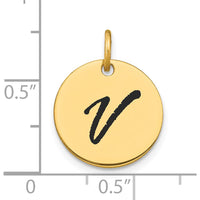 14K Yellow Gold Polished Black Enamel Letter V Initial Disk Charm by Oro Pregiato