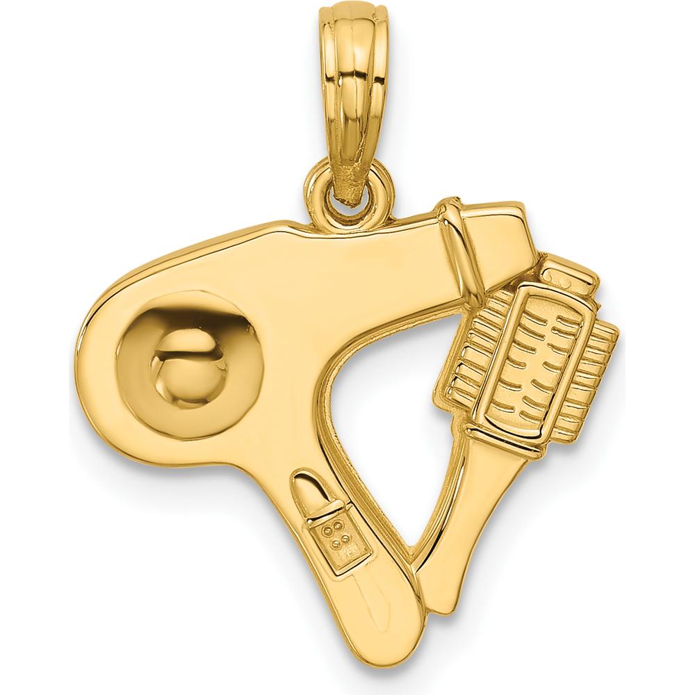 14K Yellow Gold Polished Blow Dryer and Curl Brush Pendant by Oro Pregiato