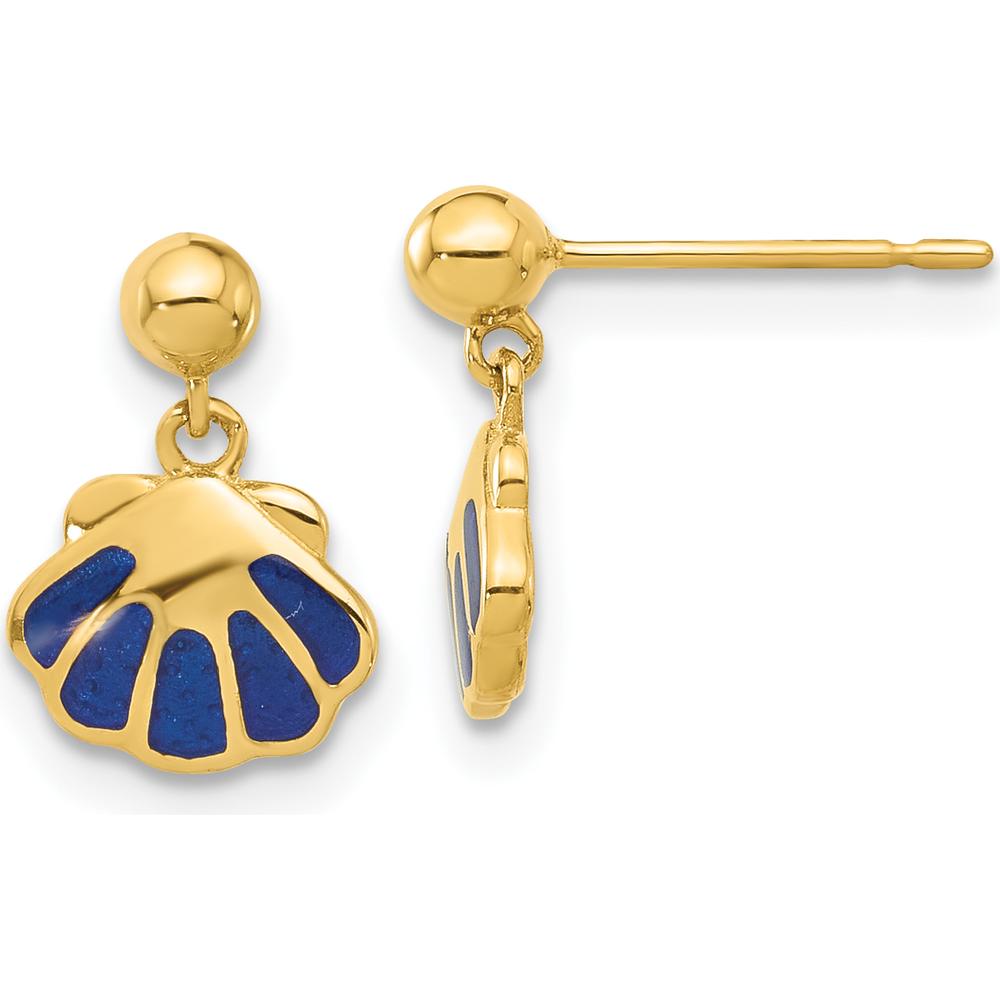 14K Yellow Gold Polished Blue Enamel Shell Drop Earrings - 1 Pair by Madi K