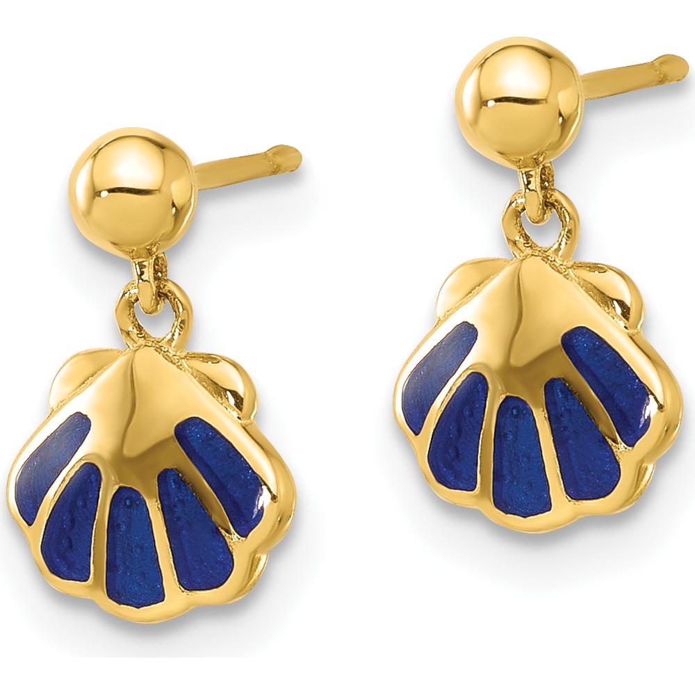14K Yellow Gold Polished Blue Enamel Shell Drop Earrings - 1 Pair by Madi K