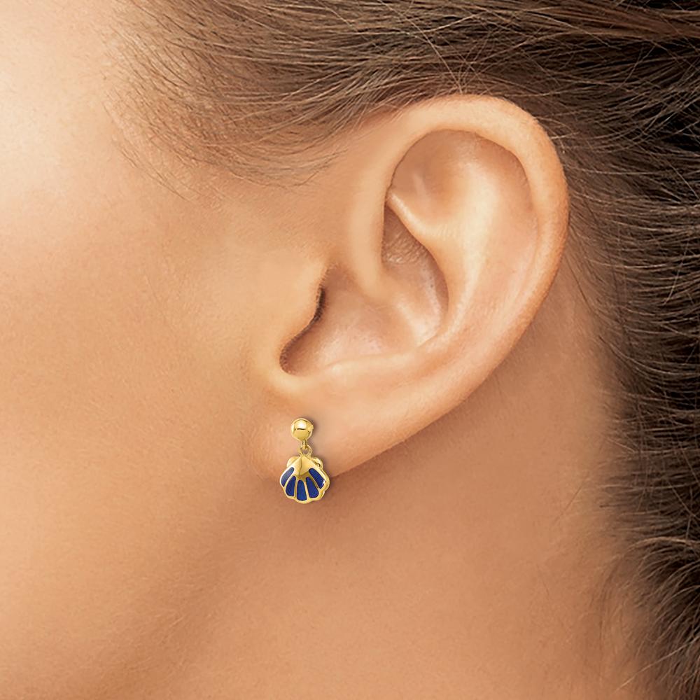 14K Yellow Gold Polished Blue Enamel Shell Drop Earrings - 1 Pair by Madi K