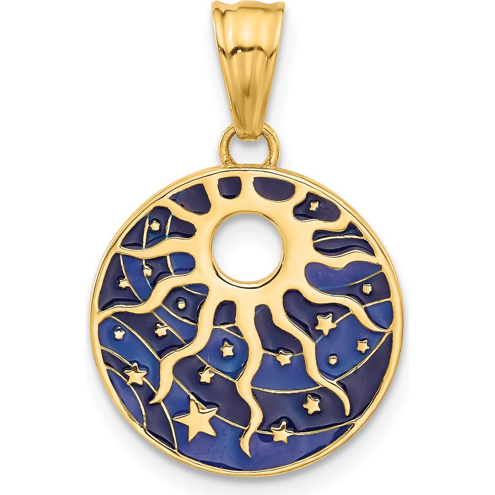 14K Yellow Gold Polished Blue Enamel Sun and Stars Pendant - Celestial Charm by Oro Pregiato