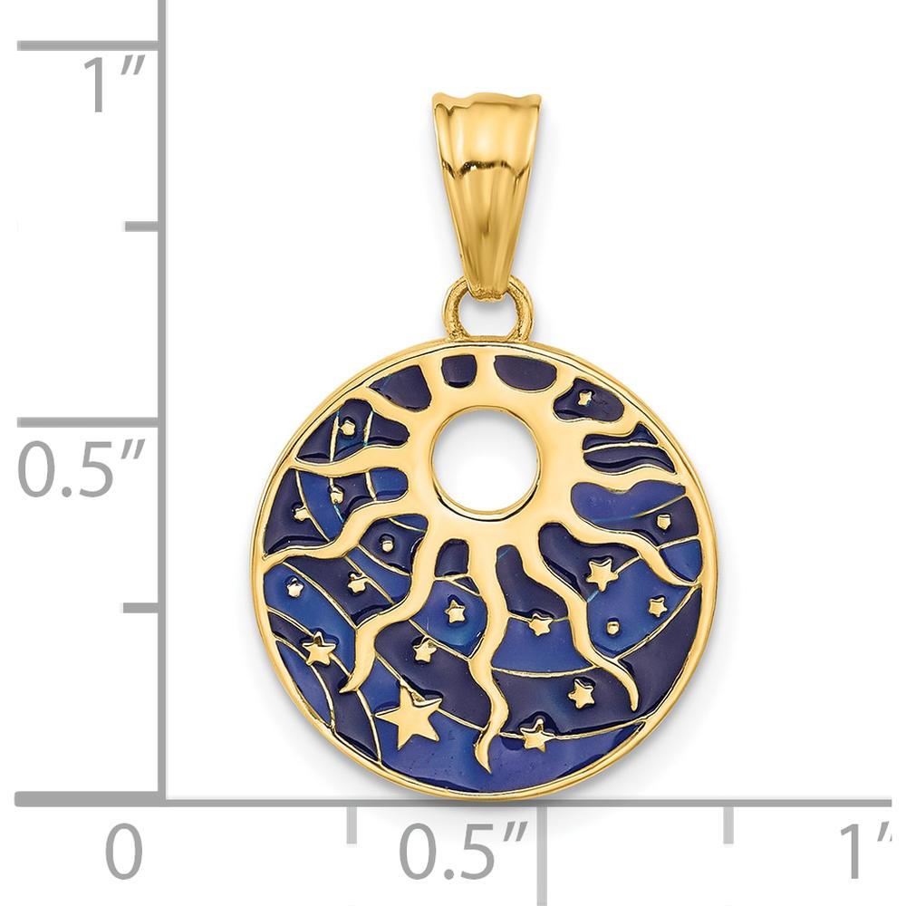 14K Yellow Gold Polished Blue Enamel Sun and Stars Pendant - Celestial Charm by Oro Pregiato
