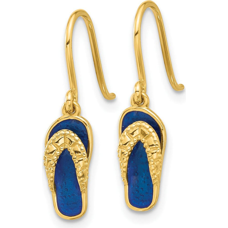 14K Yellow Gold Polished Blue Enameled Flip Flop Dangle Earrings by Oro Pregiato