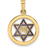 14K Yellow Gold Polished Blue Enameled Star of David Circle Pendant - 21.75mm by Oro Pregiato