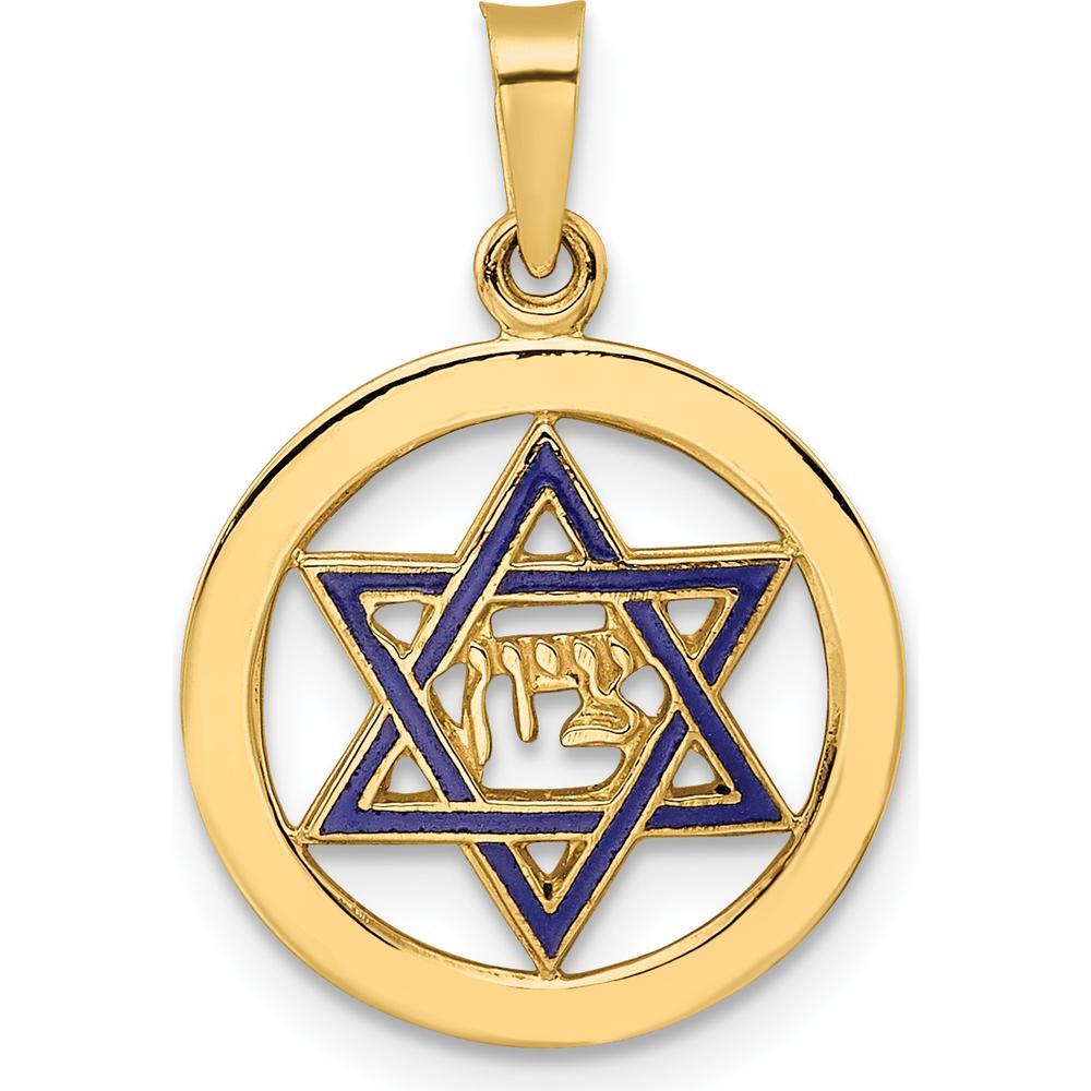 14K Yellow Gold Polished Blue Enameled Star of David Circle Pendant - 21.75mm by Oro Pregiato
