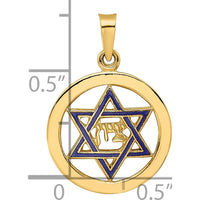 14K Yellow Gold Polished Blue Enameled Star of David Circle Pendant - 21.75mm by Oro Pregiato