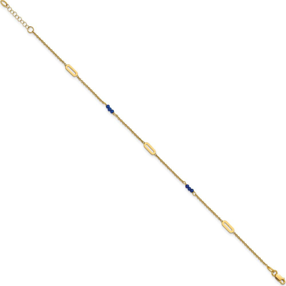 14K Yellow Gold Polished Blue Spinel Beads Anklet with 1" Extender - 3 Natural Faceted Spinel Stones