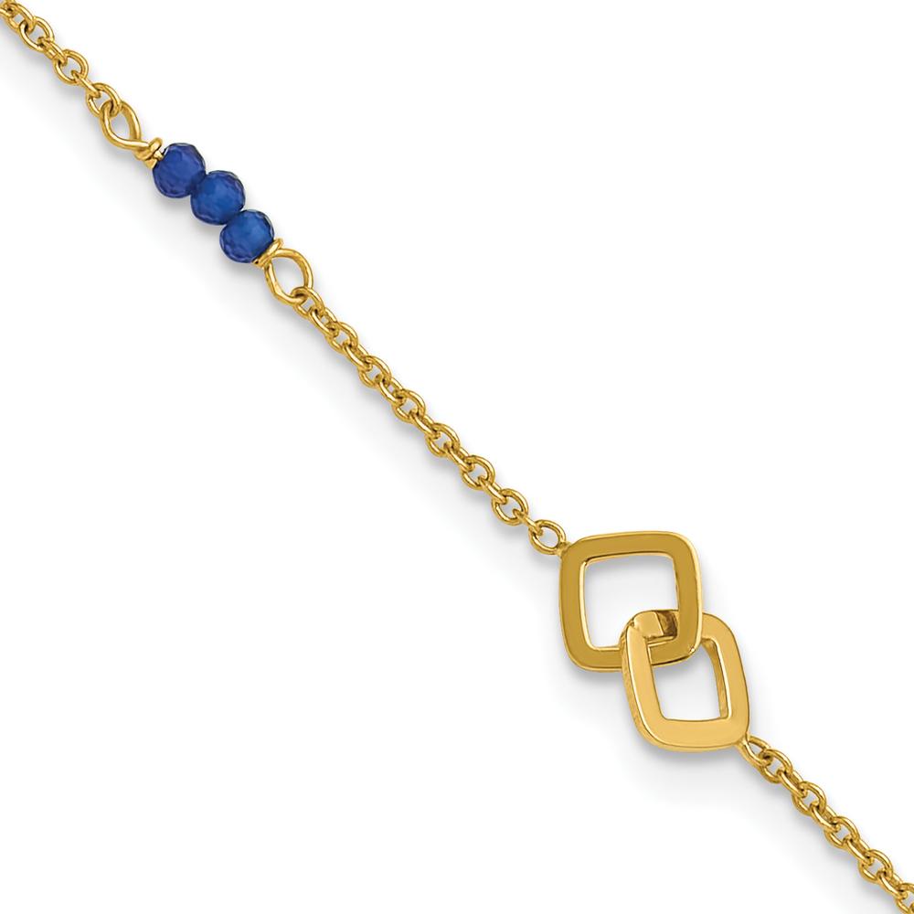 14K Yellow Gold Polished Blue Spinel Beads Anklet with Square Charms - 10" Total Length