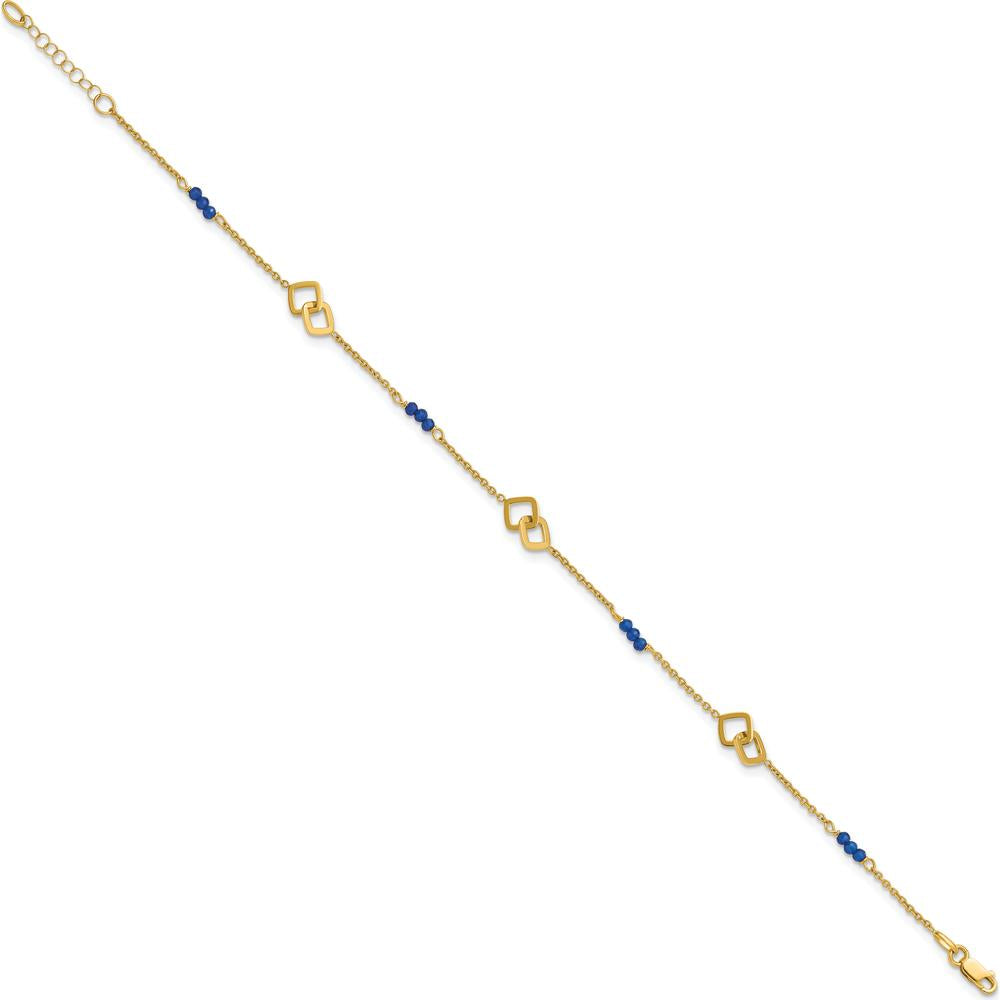 14K Yellow Gold Polished Blue Spinel Beads Anklet with Square Charms - 10" Total Length
