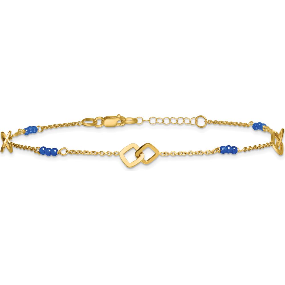 14K Yellow Gold Polished Blue Spinel Beads Anklet with Square Charms - 10" Total Length