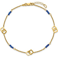 14K Yellow Gold Polished Blue Spinel Beads Anklet with Square Charms - 10" Total Length