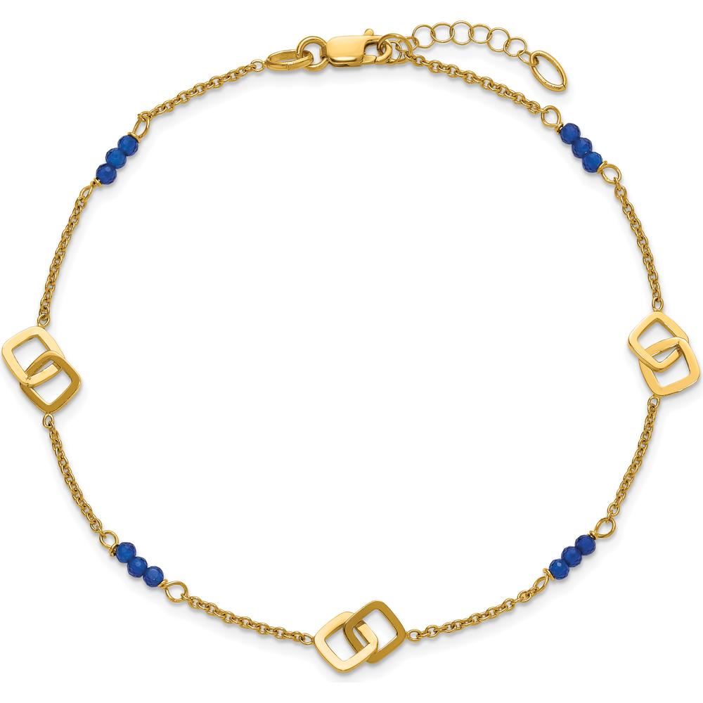 14K Yellow Gold Polished Blue Spinel Beads Anklet with Square Charms - 10" Total Length