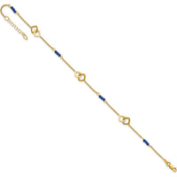 14K Yellow Gold Polished Blue Spinel Beads Anklet with Square Charms - 10" Total Length