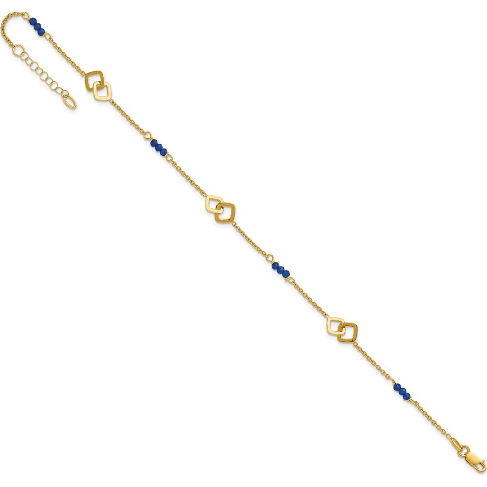 14K Yellow Gold Polished Blue Spinel Beads Anklet with Square Charms - 10" Total Length