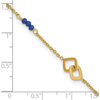 14K Yellow Gold Polished Blue Spinel Beads Anklet with Square Charms - 10" Total Length