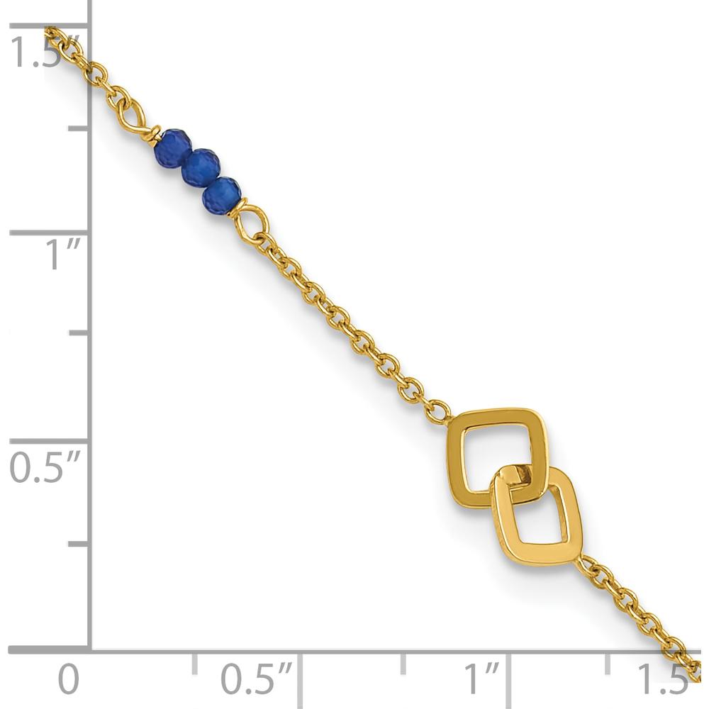 14K Yellow Gold Polished Blue Spinel Beads Anklet with Square Charms - 10" Total Length