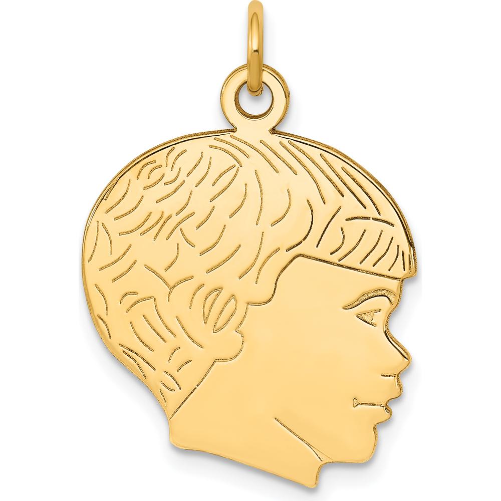 14K Yellow Gold Polished Boys Head Charm Pendant with Textured Design - 26mm Length
