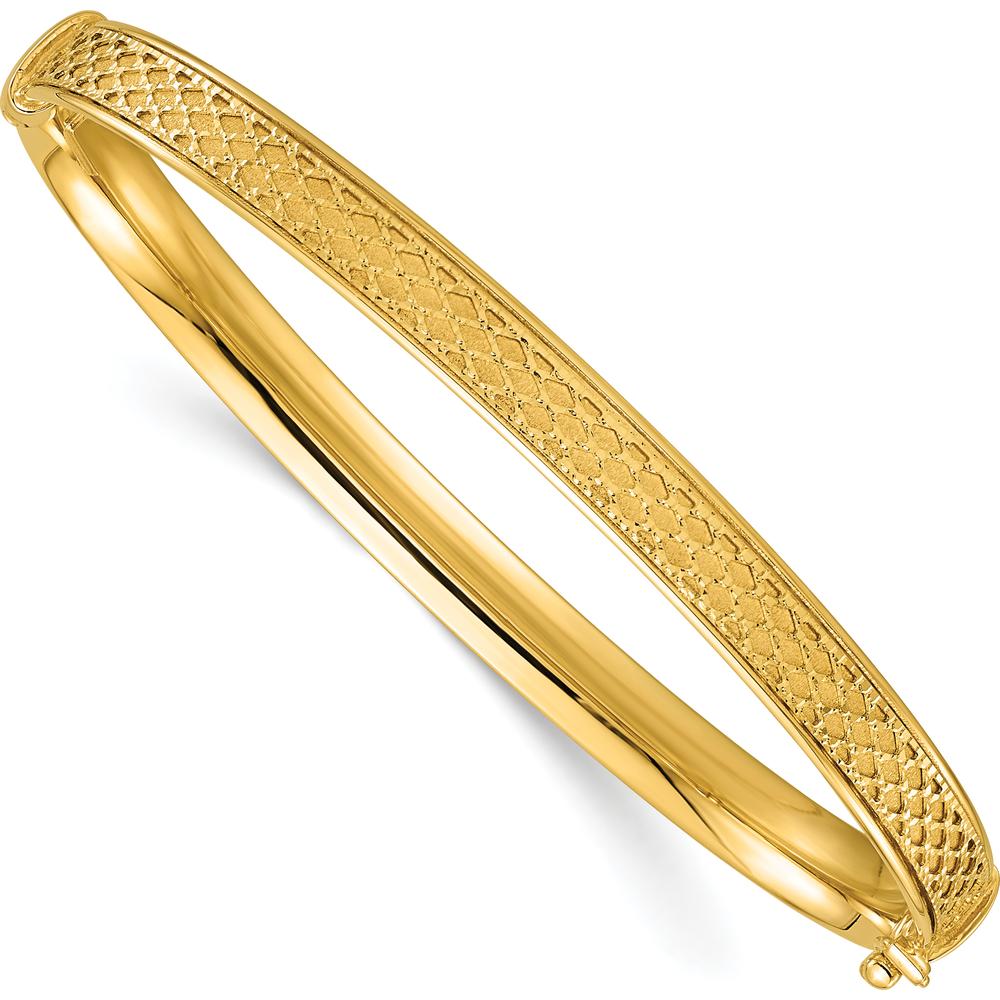 14K Yellow Gold Polished Brushed and Textured Hinged Oval Bangle Bracelet - 6.00mm Width by Oro Pregiato