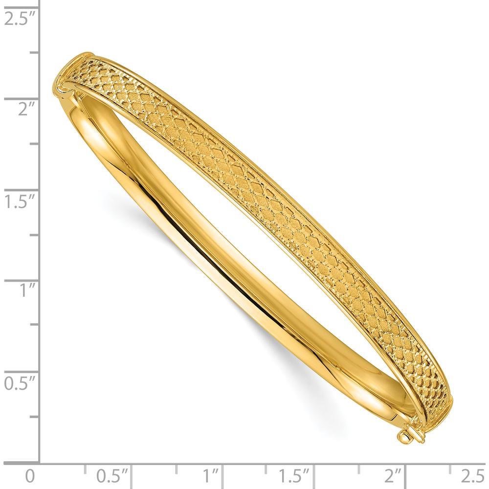 14K Yellow Gold Polished Brushed and Textured Hinged Oval Bangle Bracelet - 6.00mm Width by Oro Pregiato