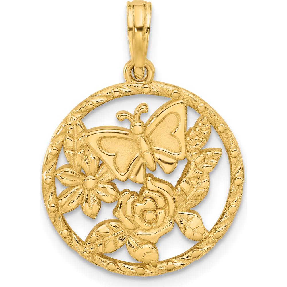 14K Yellow Gold Polished Butterfly and Floral Charm Pendant by Oro Pregiato