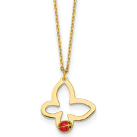 14K Yellow Gold Polished Butterfly Necklace with Red and Black Enamel Ladybug Pendant - 15.5" + 0.75" Extender by Oro Pregiato