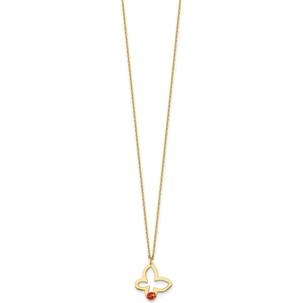14K Yellow Gold Polished Butterfly Necklace with Red and Black Enamel Ladybug Pendant - 15.5" + 0.75" Extender by Oro Pregiato